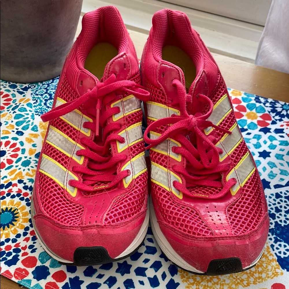 Adidas Pink and Yellow Athletic Shoes with Signature Stripes